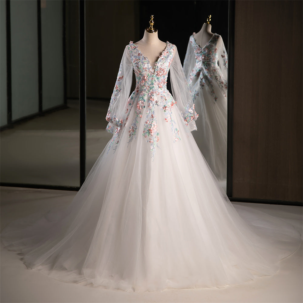 71762- A line wedding gown with floral detail and sleeves (Copy)