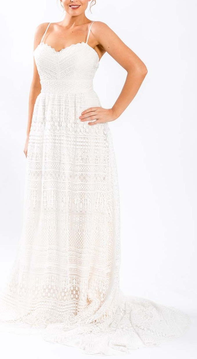 71795 Lace dress with spaghetti straps and soft A line skirt.