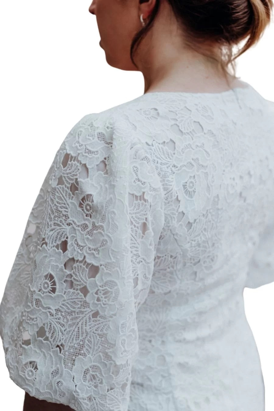 71796 Elegant lace midi length wedding dress with sleeves.
