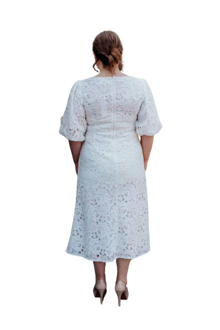 71796 Elegant lace midi length wedding dress with sleeves.