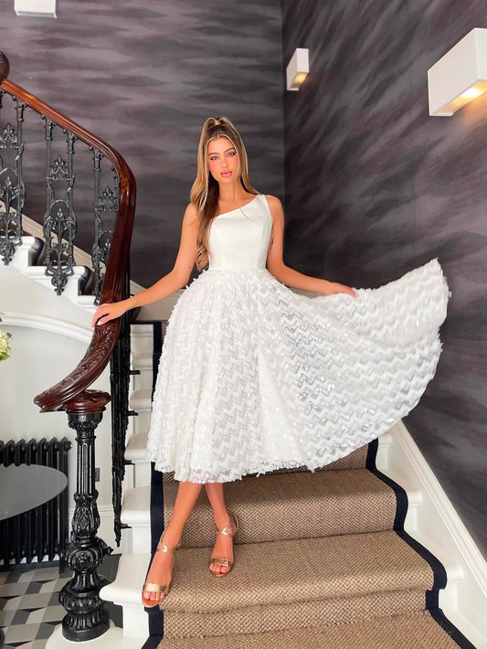 71815-Vintage, one shoulder, midi, wedding gown