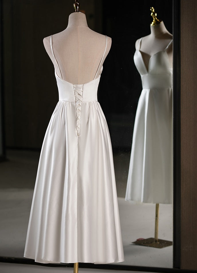 71862- Simple satin midi wedding dress with spagetti straps