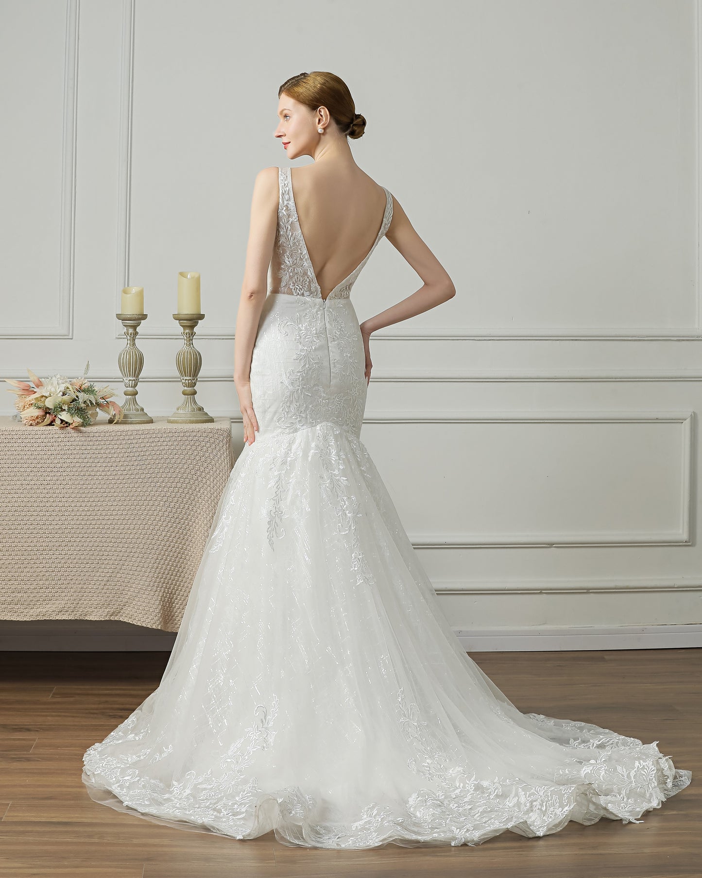 71870 Ivory, lace, mermaid wedding gown with low V back