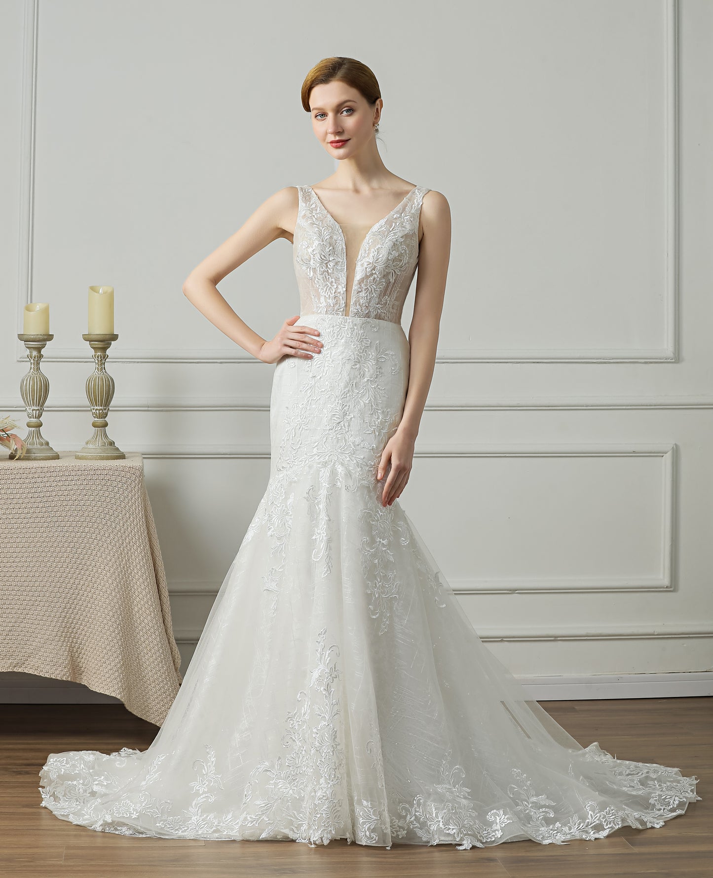 71870 Ivory, lace, mermaid wedding gown with low V back