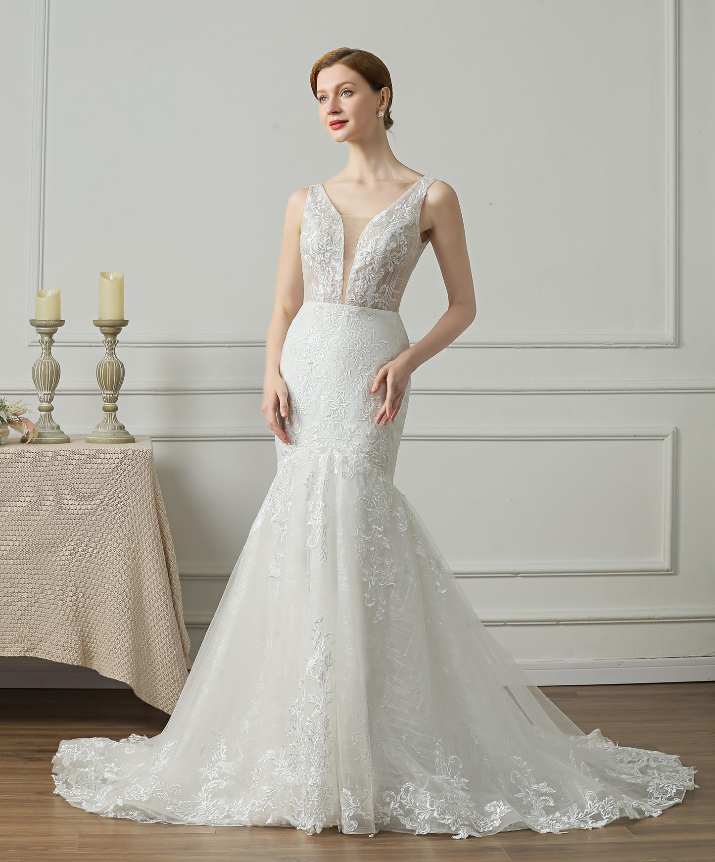 71870 Ivory, lace, mermaid wedding gown with low V back