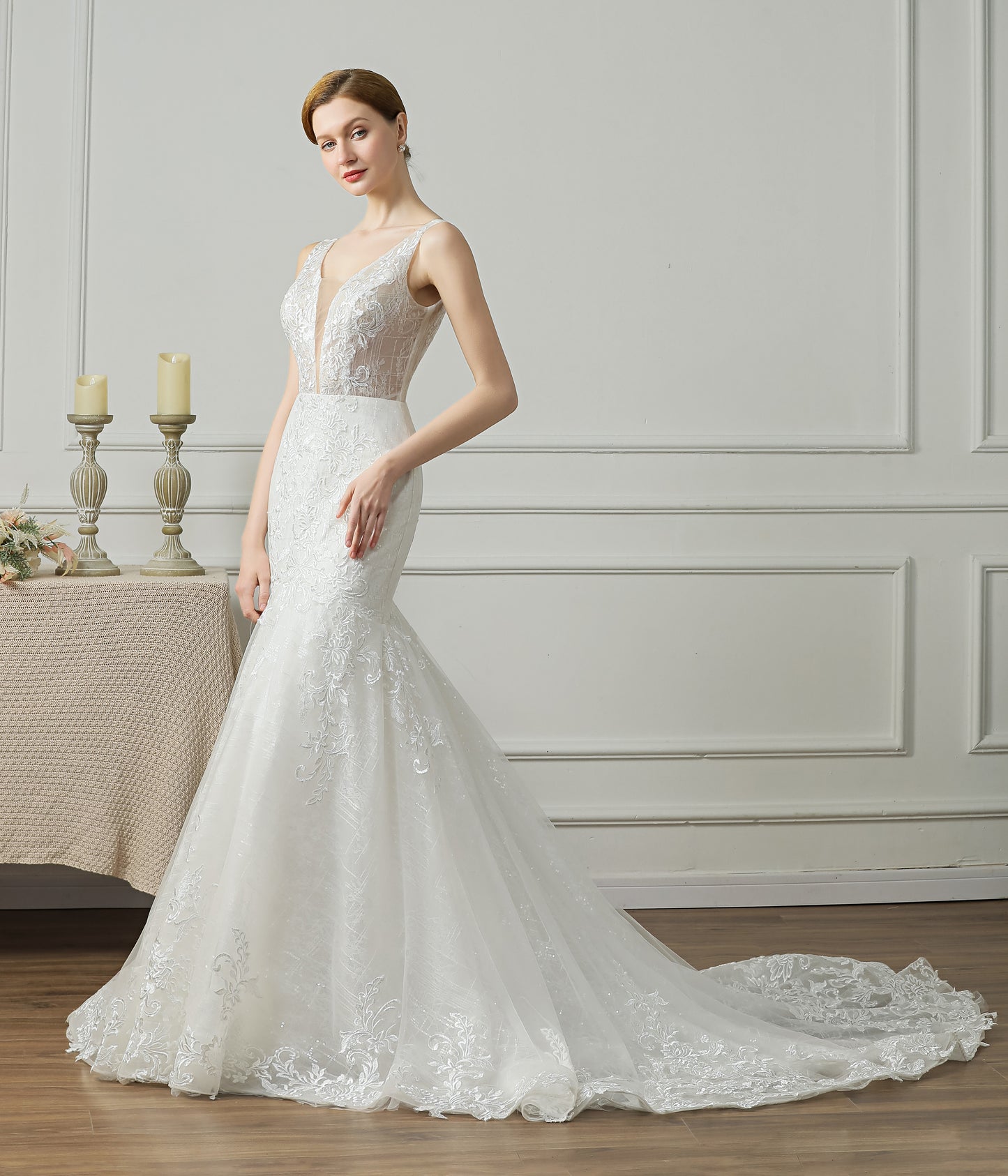 71870 Ivory, lace, mermaid wedding gown with low V back