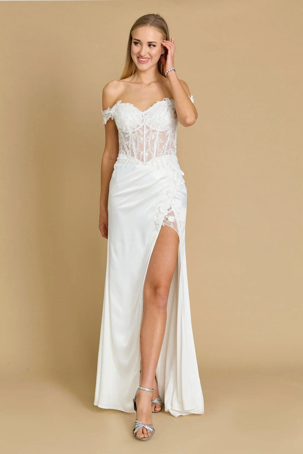 71892 ivory satin, corset, fitted, split, detailed bodice