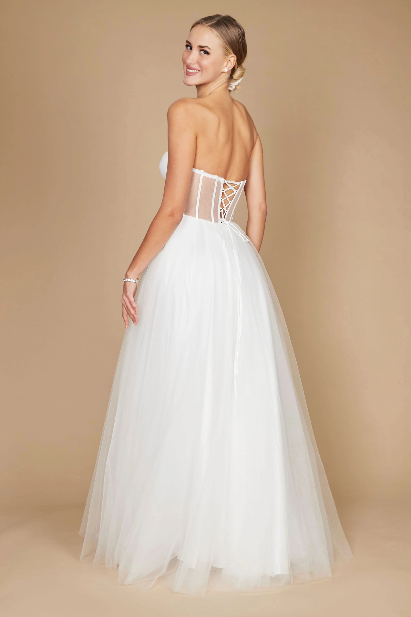 71893 Soft ivory tulle princess wedding gown. Corset bodice