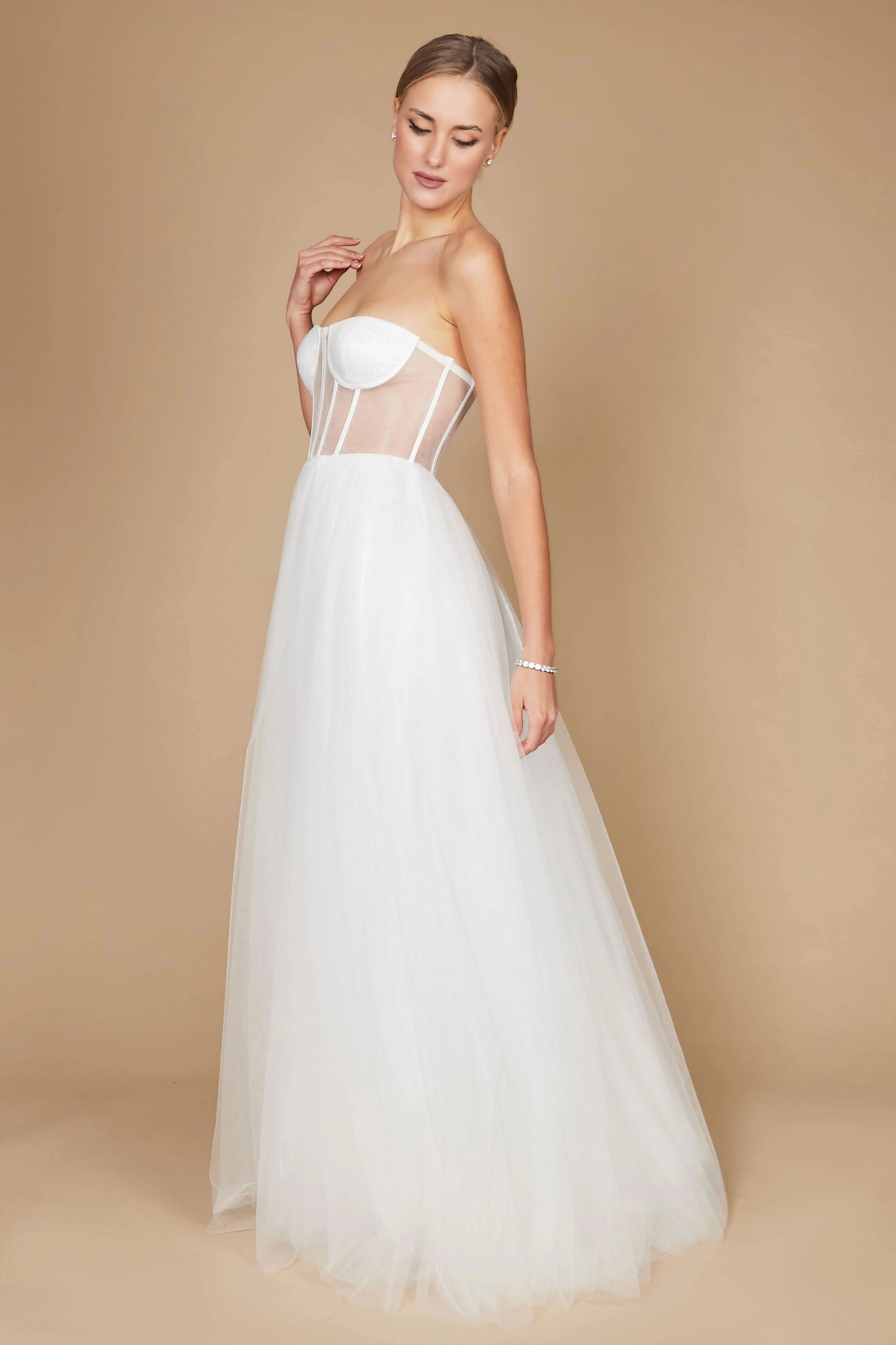 71893 Soft ivory tulle princess wedding gown. Corset bodice