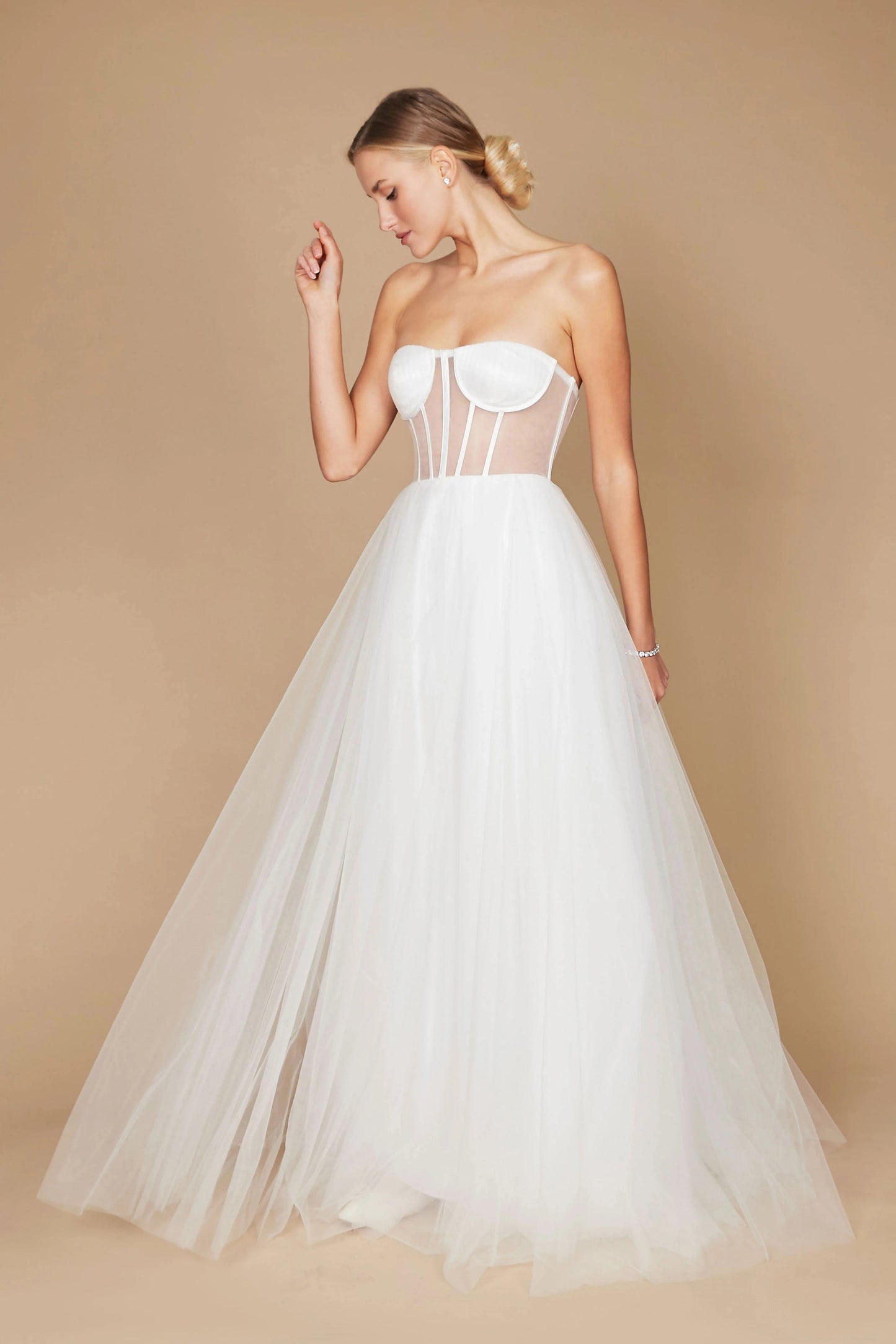 71893 Soft ivory tulle princess wedding gown. Corset bodice