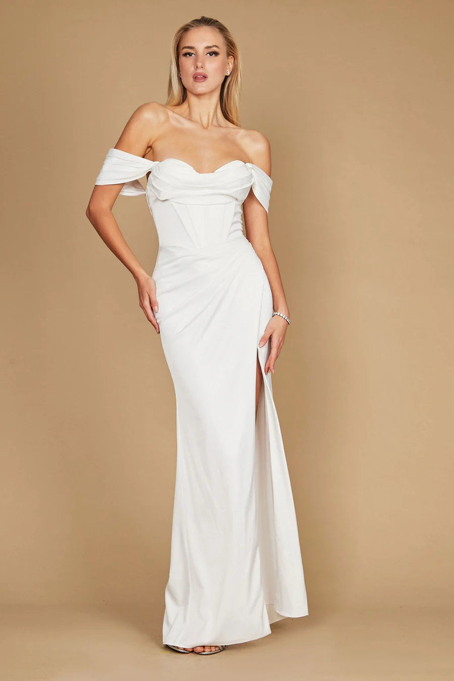 71895 ivory satin corset fitted split - detachable off shoulder.