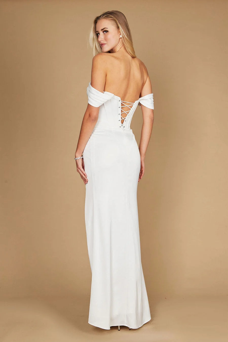 71895 ivory satin corset fitted split - detachable off shoulder.