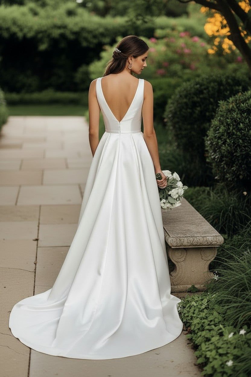 72022 Stunning V neckline. Mikado satin gown.