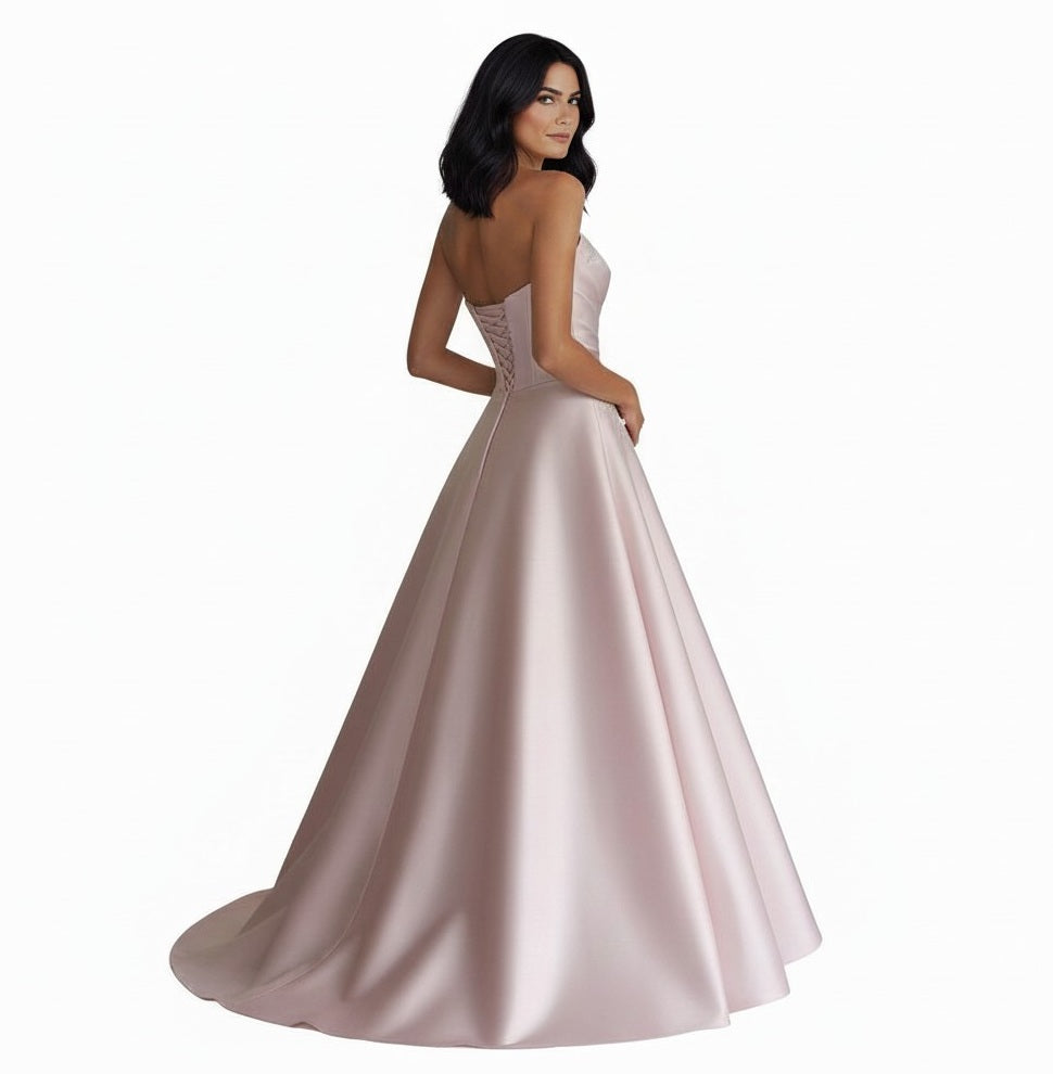72110 A line pink Mikado satin with stunning detail.