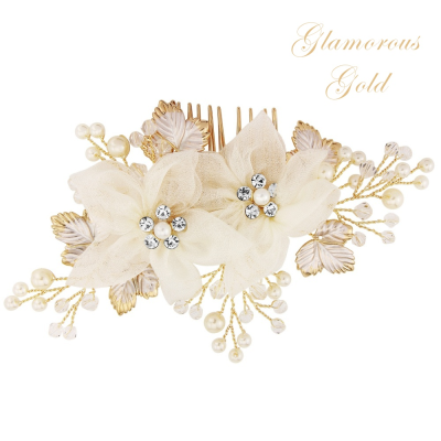7521 Gold leaves and fabric blossoms. Beautiful comb