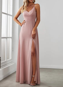 BB2060 Dusty rose. Chiffon, spaghetti straps and split. Available to order. $179.