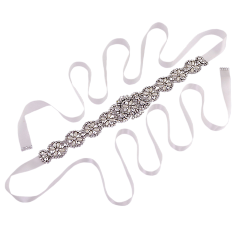 BBB17 Belt made of soft ivory satin ribbon with diamante and pearl detail