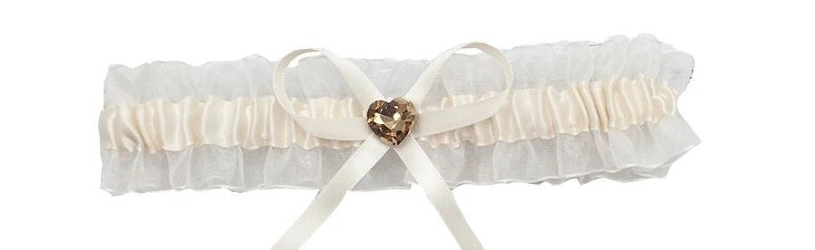 BBG10A White organza bridal garter with gold heart.
