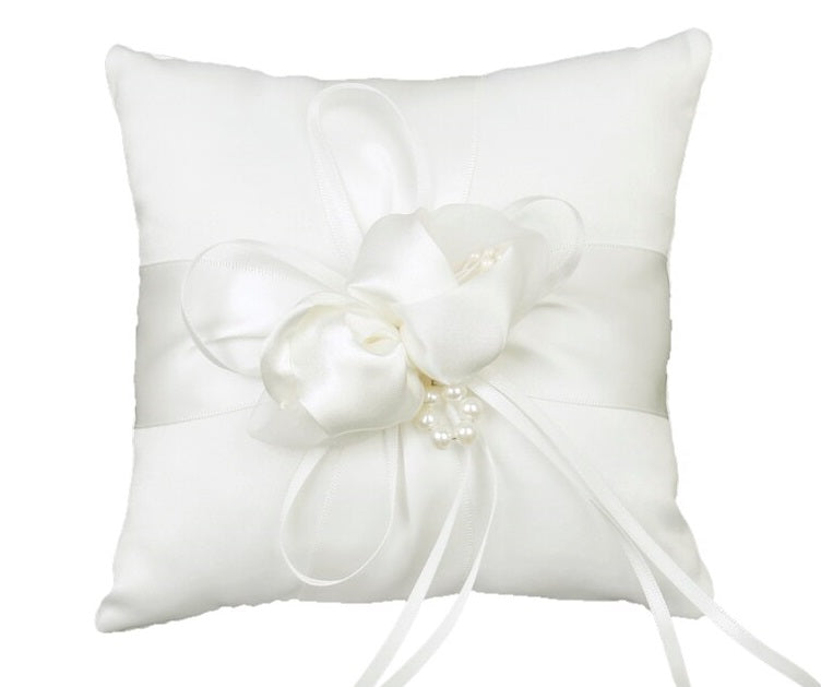BBRP9 Cream Satin with pearl detail Wedding Ring Pillow/ carrier 15 x 15