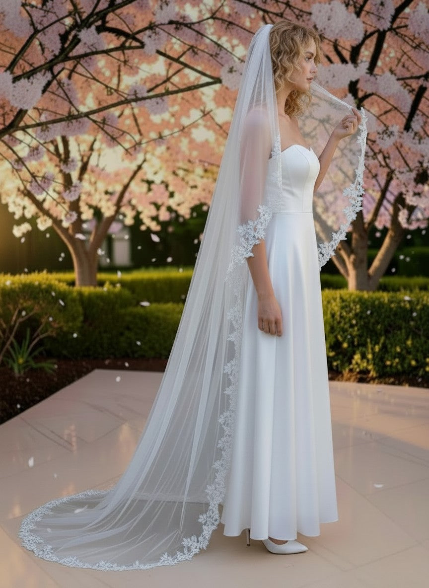 BBV150 single layer lace edge with pearl detail. 250cm long