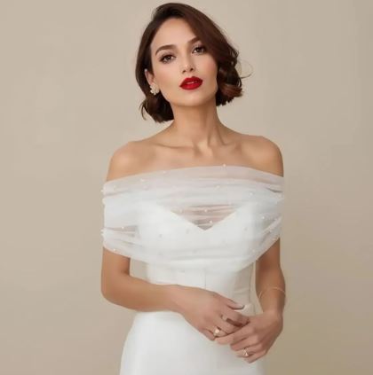 BBGV71B off white soft tulle and pearls off shoulder bolero