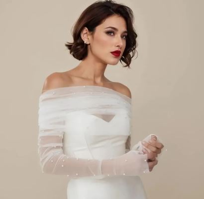 BBGV71B off white soft tulle and pearls off shoulder bolero.