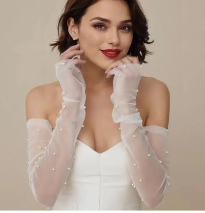 BBGV71G off white soft tulle and pearls pull on sleeve/glove.