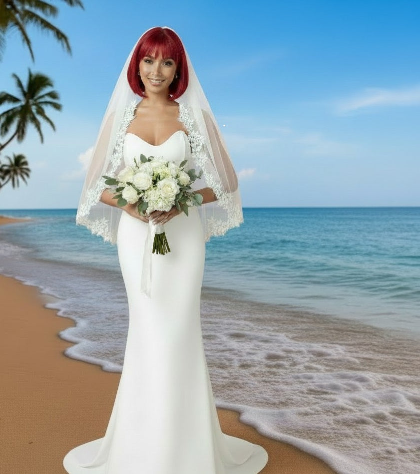 BBV98 single layer lace edge with pearl detail. Fingertip veil.