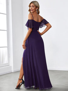 BM2050 Dark Purple. Chiffon, off shoulder and split. Available to order. $179.