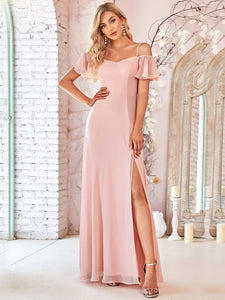 BM2050 Blush. Chiffon, off shoulder and split. Available to order. $179