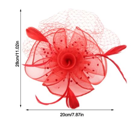 FAC1002R Classic, red fascinator with birdcage net and feathers.