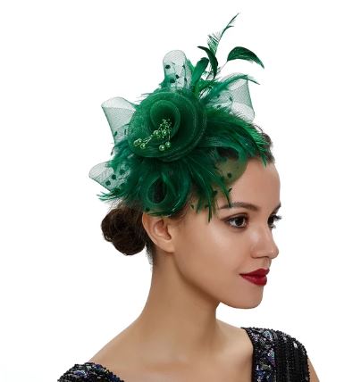 FAC1004EG Classic, green fascinator with central flower, feathers and net