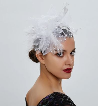 FAC1004W Classic, white fascinator with central flower, feathers and net.