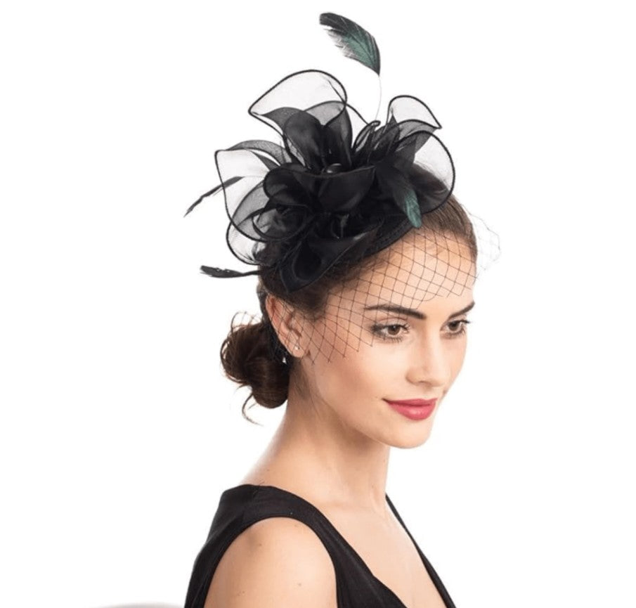 FAC1006B Classic, black organza fascinator with birdcage net