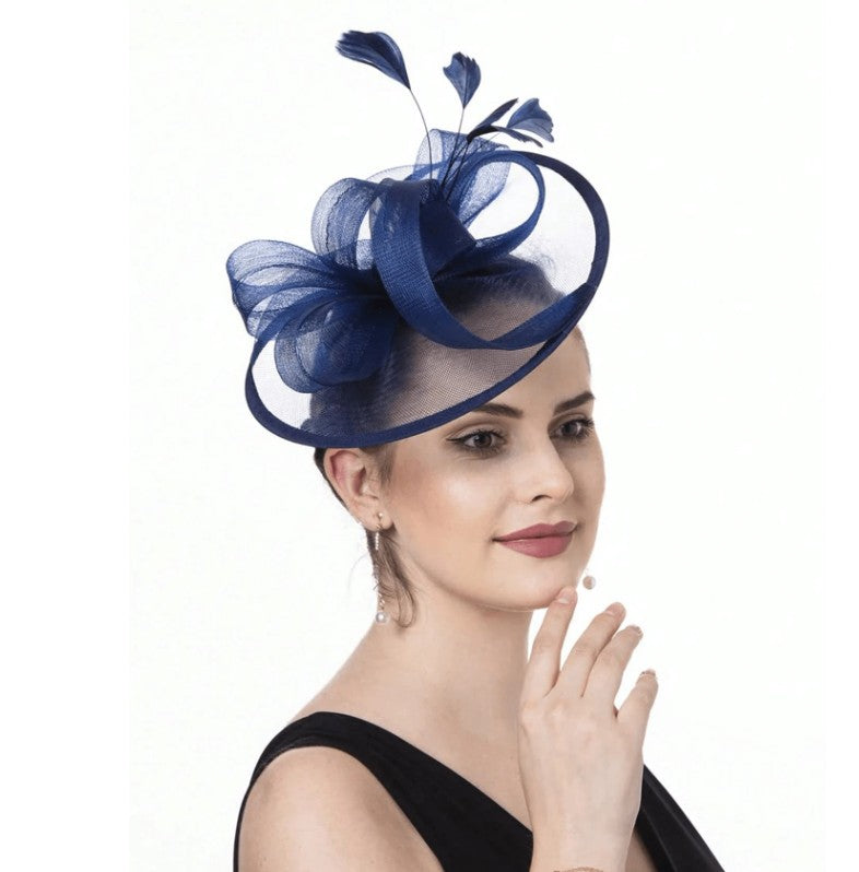 FAC1007N Classic, navy fascinator with central flower and feathers