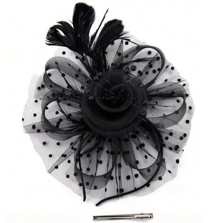FAC1008B Classic, black fascinator with central flower, feathers and net