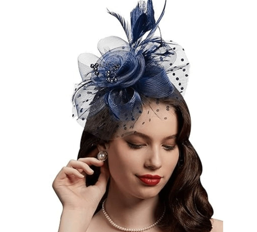 FAC1008N Classic, navy fascinator with central flower, feathers and net