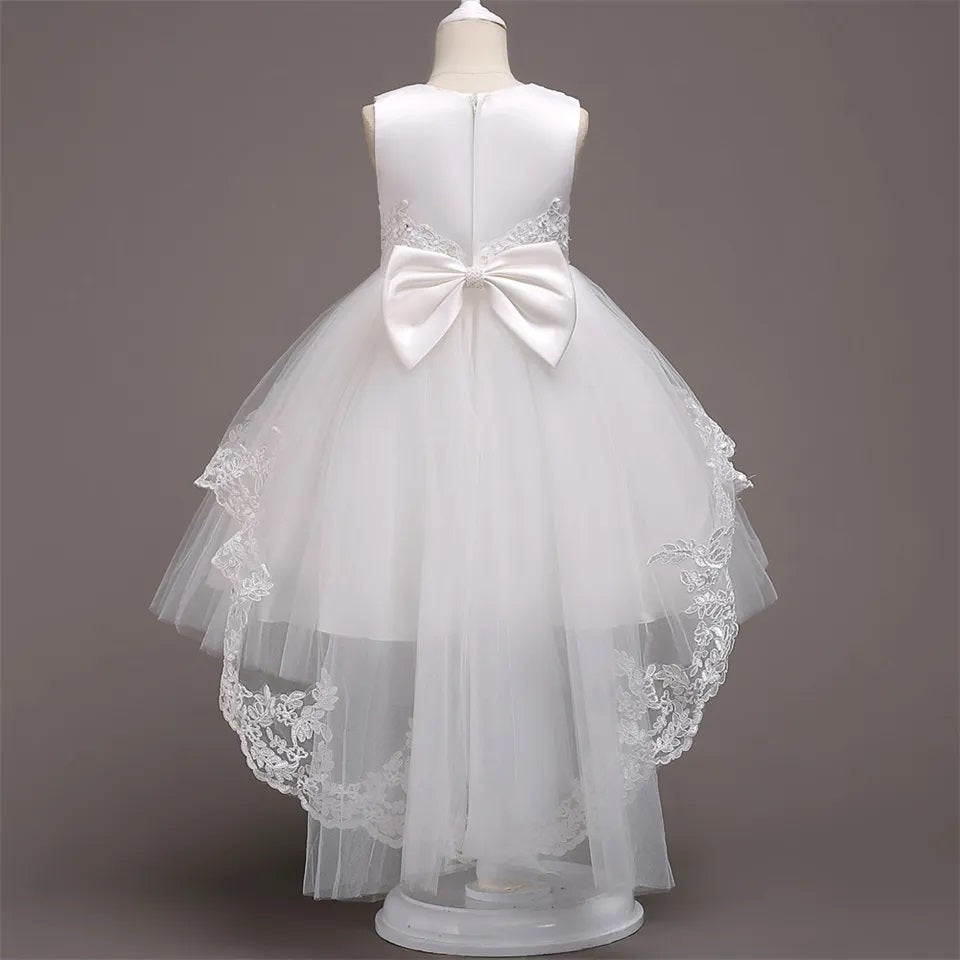 G20275W. White high-low tulle and lace princess. Girls party dress. Age 6.