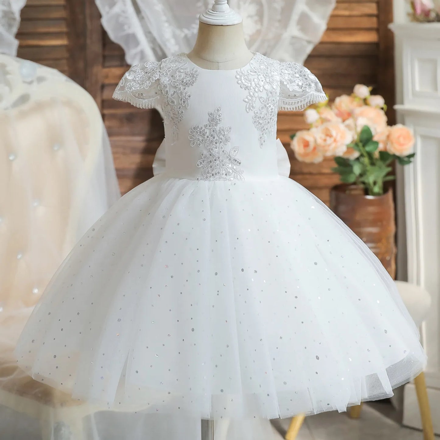 G20278. Short sleeve, beaded bodice, tulle flower girl, party dress. Age 5