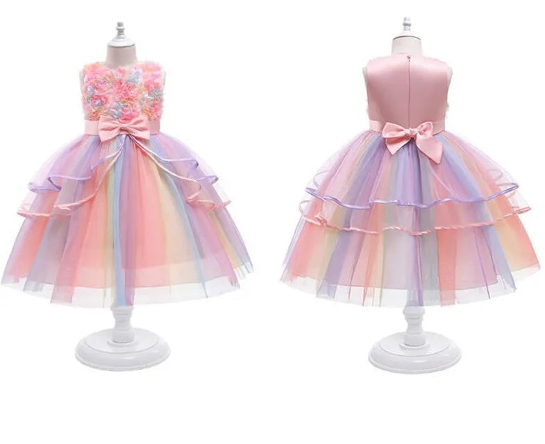G20291 pink rainbow flower girl, party dress. Age 7