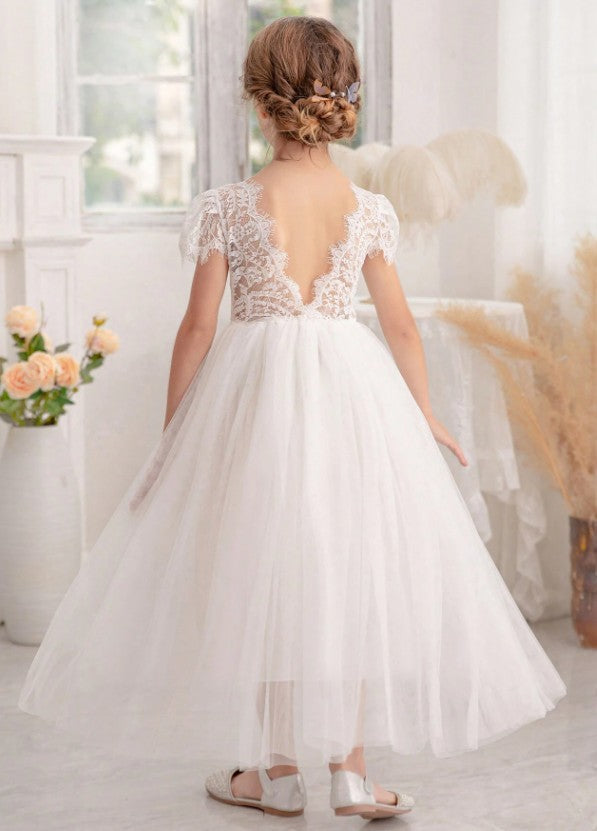 G20330 Off white lace bodice with sleeves and V back. Tulle skirt.