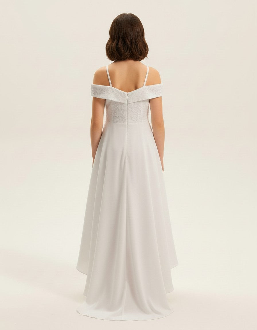 G20343 Lace bodice and chiffon high low skirt
