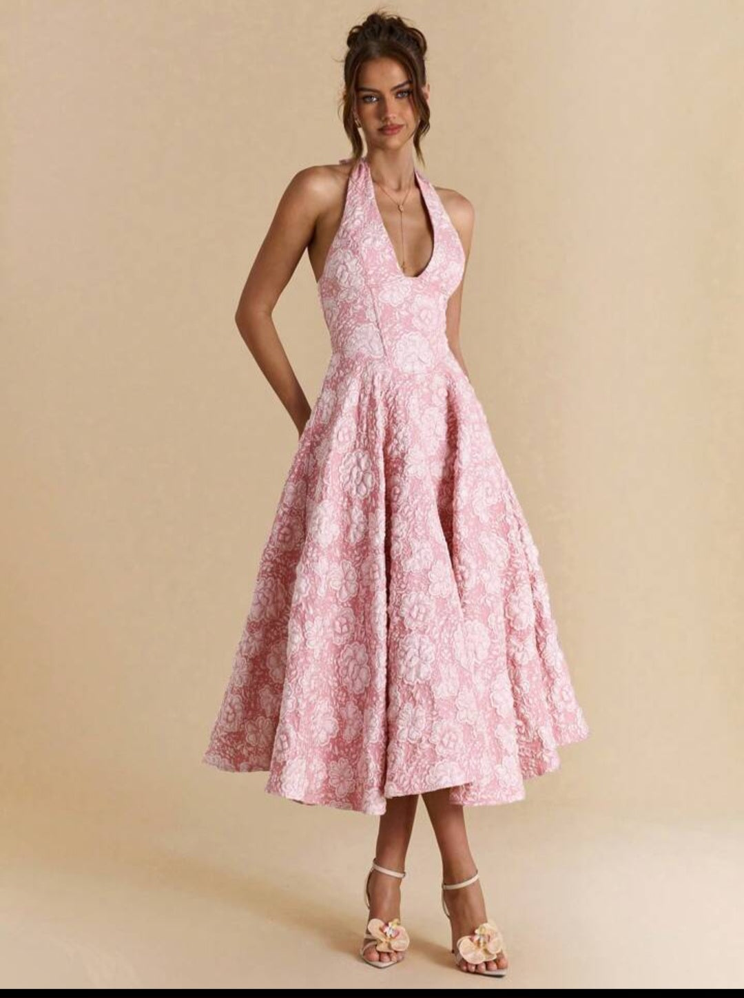 11512 Pink jacquard vintage style midi