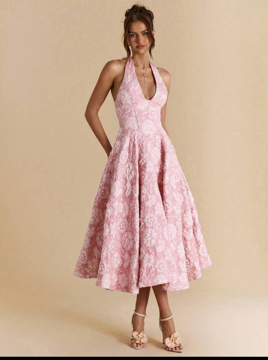 11512 Pink jacquard vintage style midi