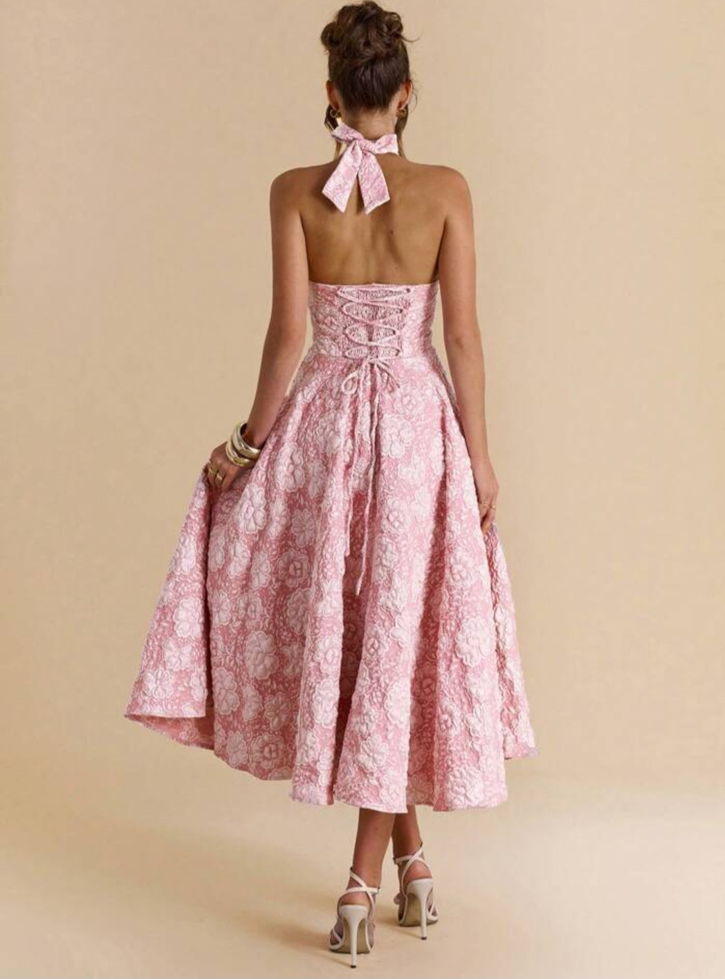 11512 Pink jacquard vintage style midi