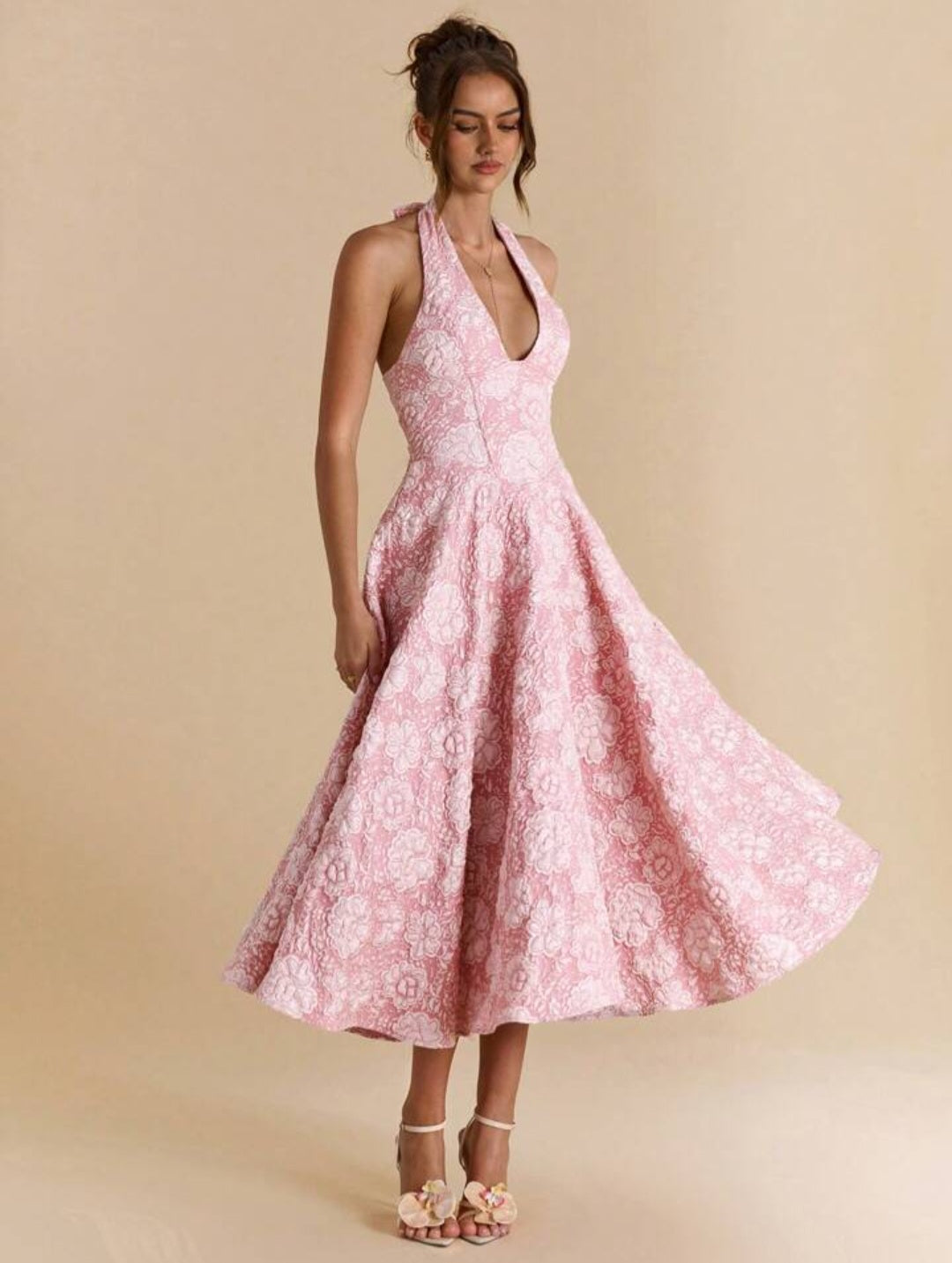 11512 Pink jacquard vintage style midi