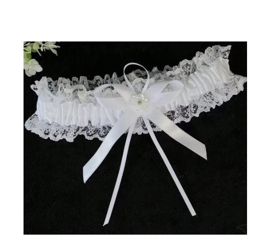 BBG20 White lace garter with white satin ribbon and beaded flower