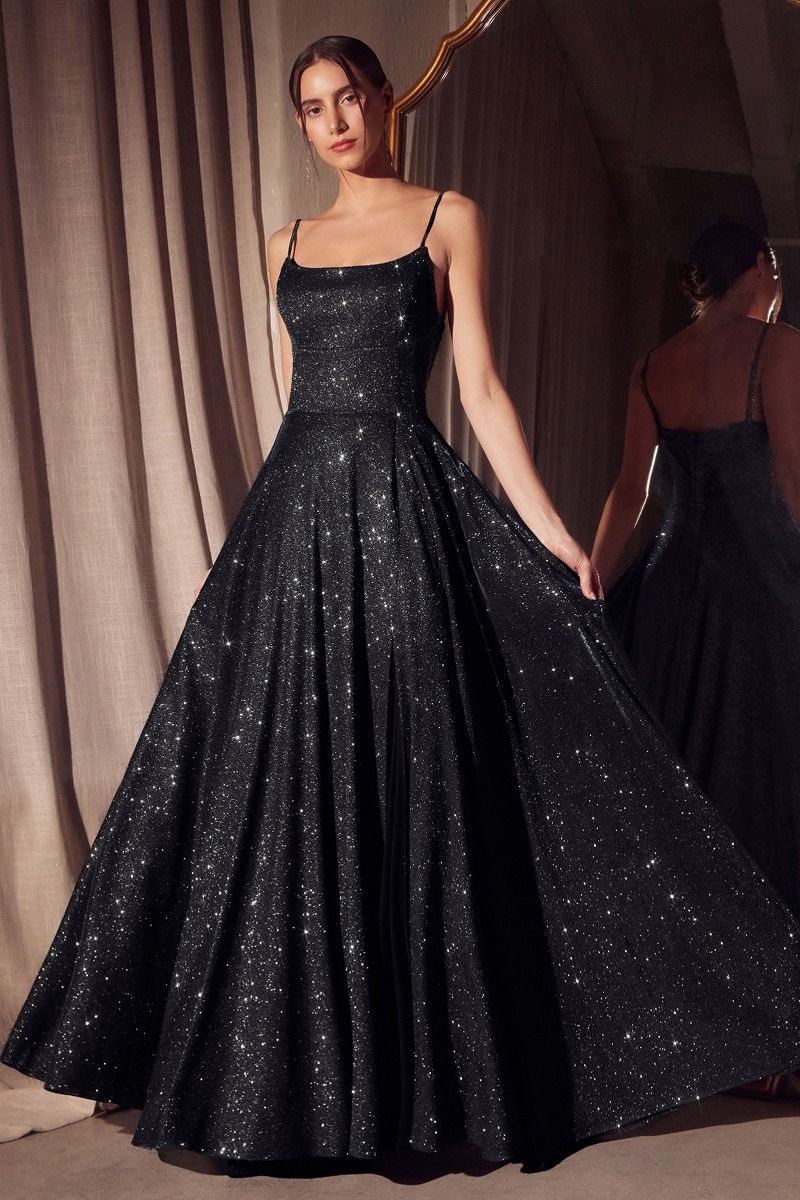11550B Black, Long Sparkling A-line with split