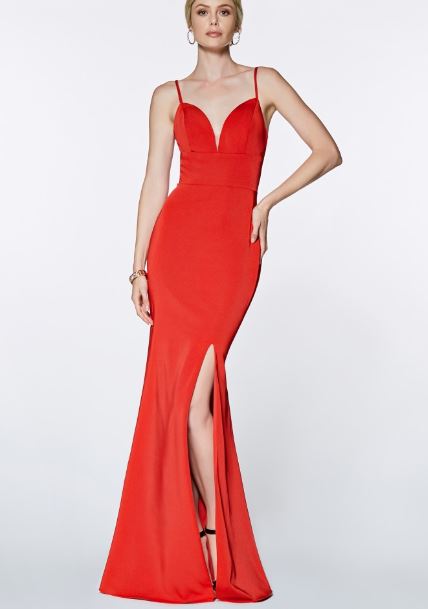 10250R Red. Fit and flare gown. Split and deep sweetheart