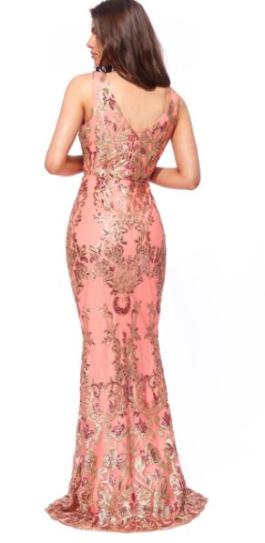 Designer gown 10719 coral sequined maxi dress. Size 6.